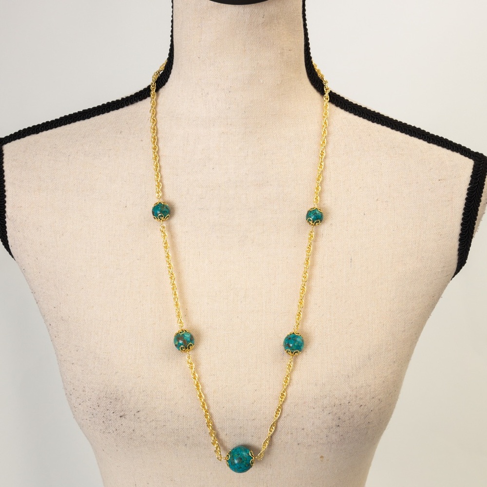 JTV gold tone longer style necklace with turquoise balls approx 29.5” length - Picture 2 of 16